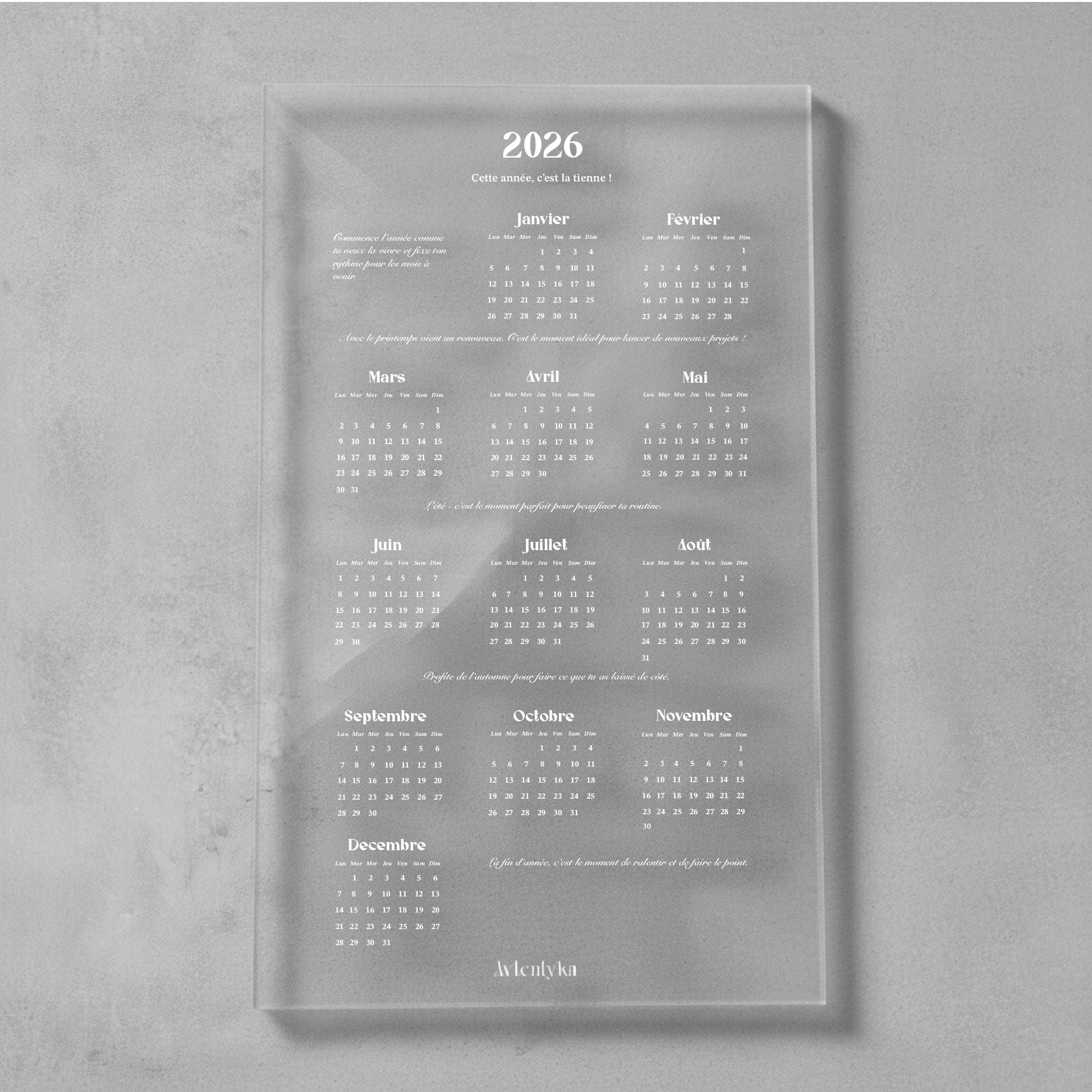 Calendrier 2026 – édition transparente